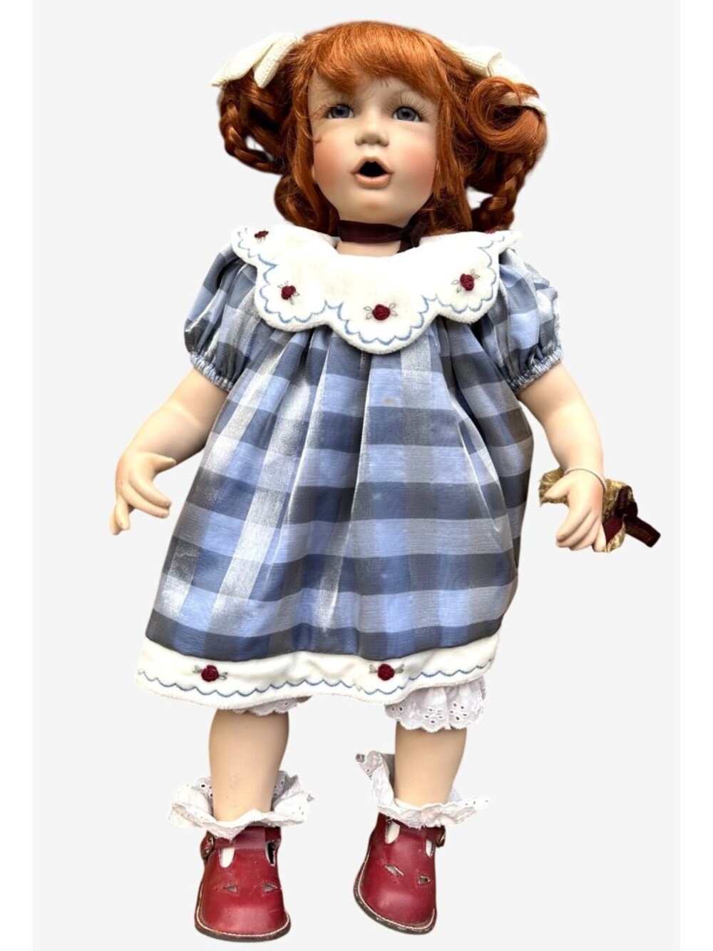 Geppeddo Abby Collector Porcelain Doll Blue Plaid Dress w Teddy Bear & Red Shoes